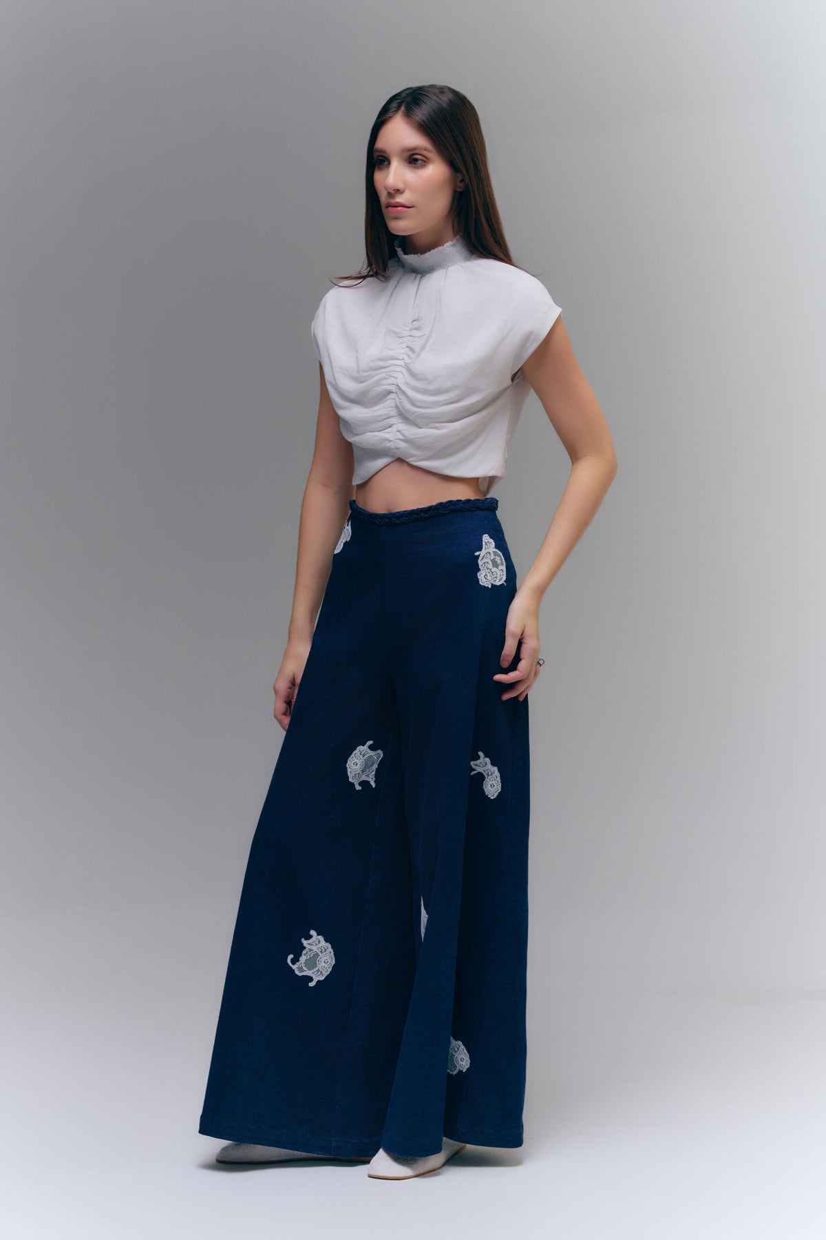 BRAID WIDE-LEG PANTS - WASHED DENIM