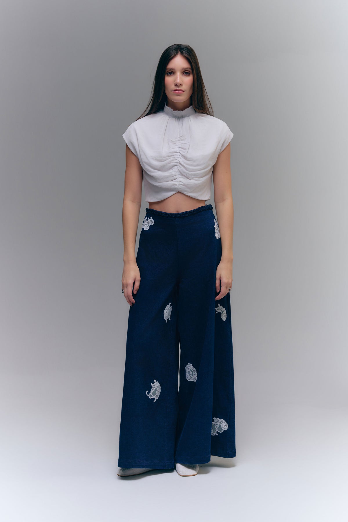 BRAID WIDE-LEG PANTS - WASHED DENIM